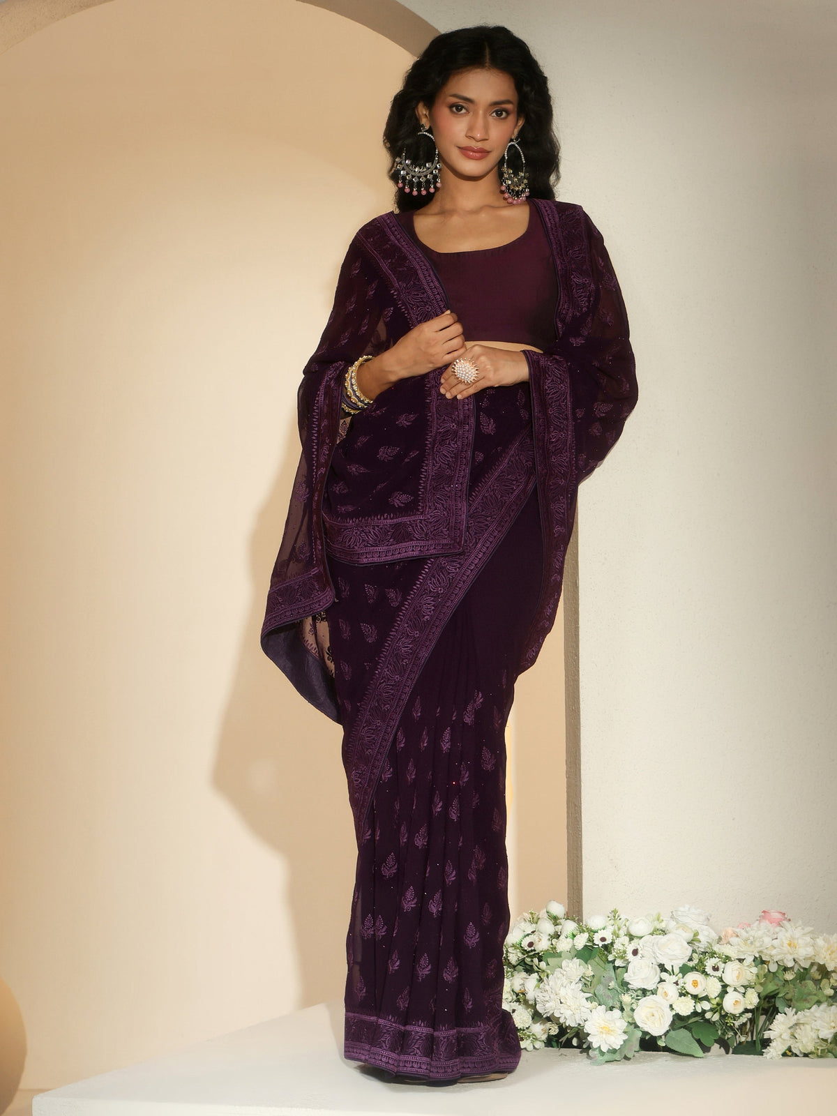 Anouk Aubergine Purple Floral Embroidered Georgette Saree