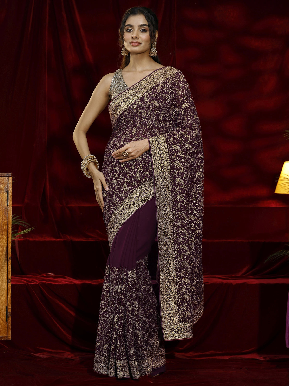 Anouk Burgundy Embroidered Georgette Saree