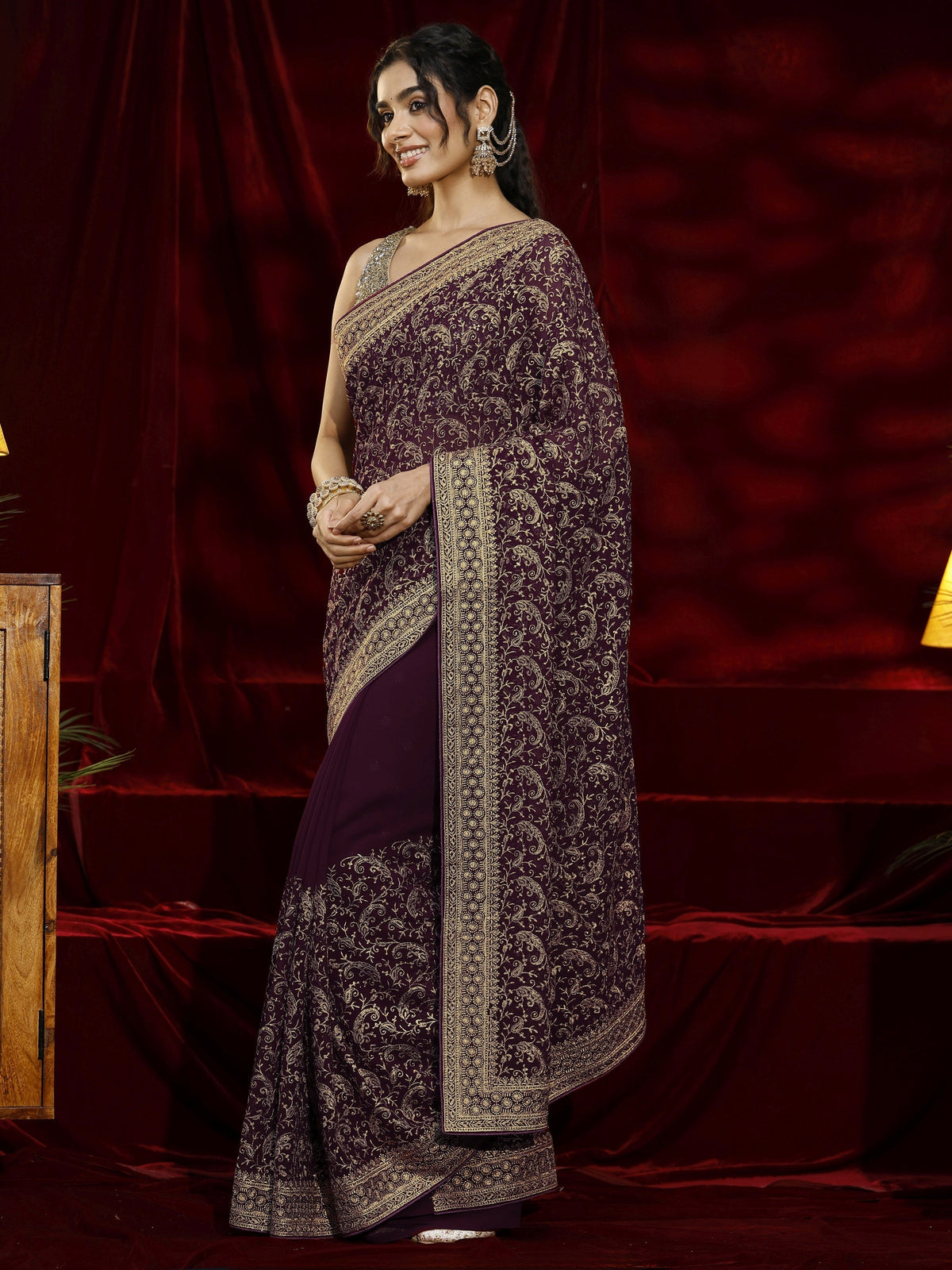 Anouk Burgundy Embroidered Georgette Saree