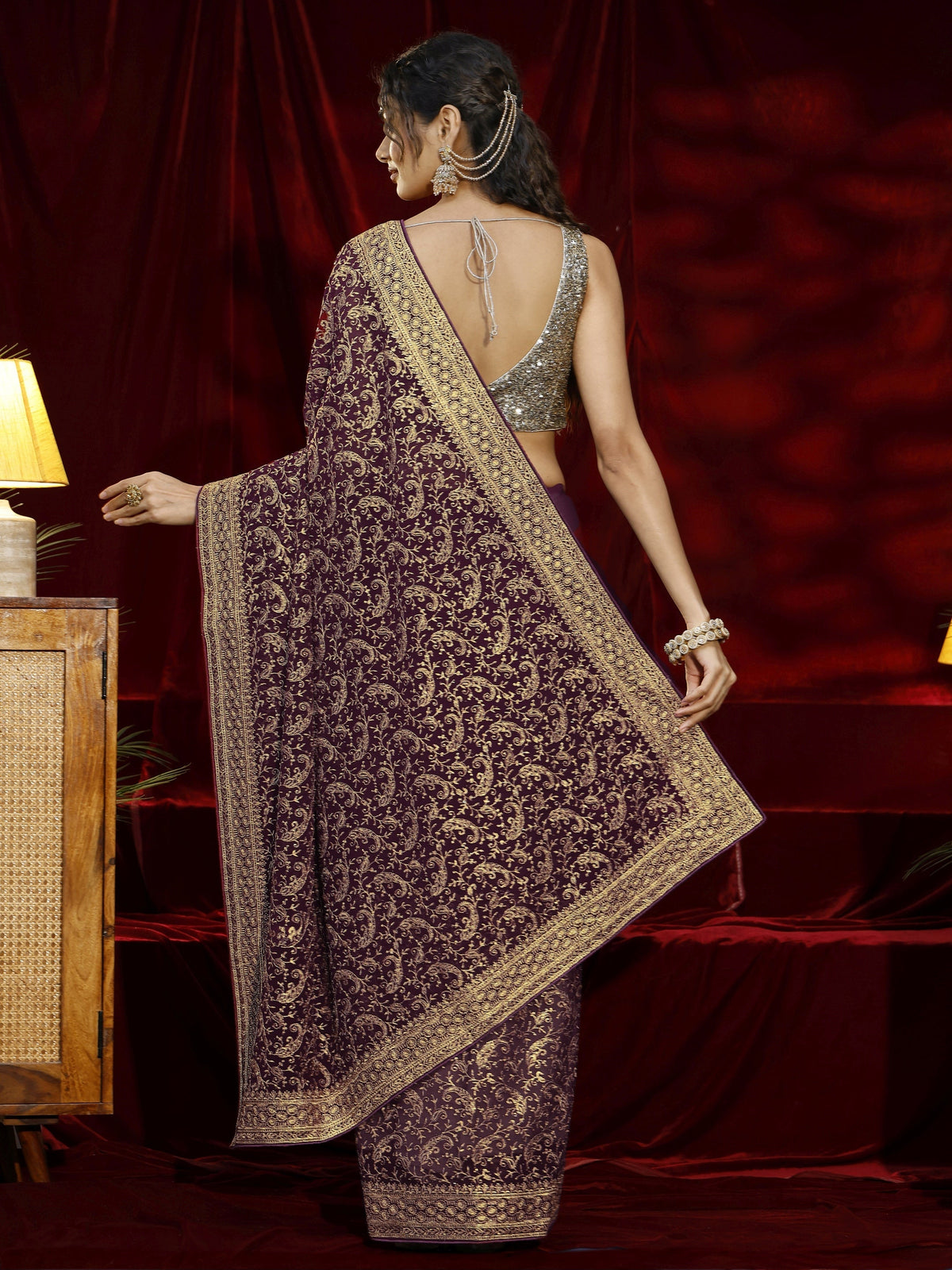 Anouk Burgundy Embroidered Georgette Saree