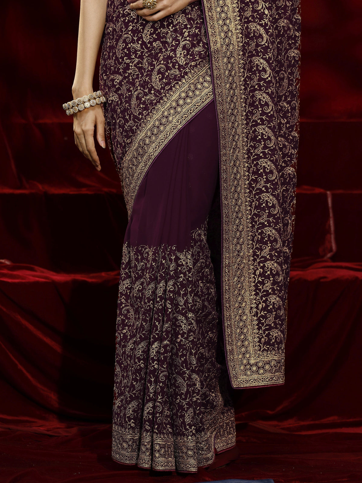 Anouk Burgundy Embroidered Georgette Saree