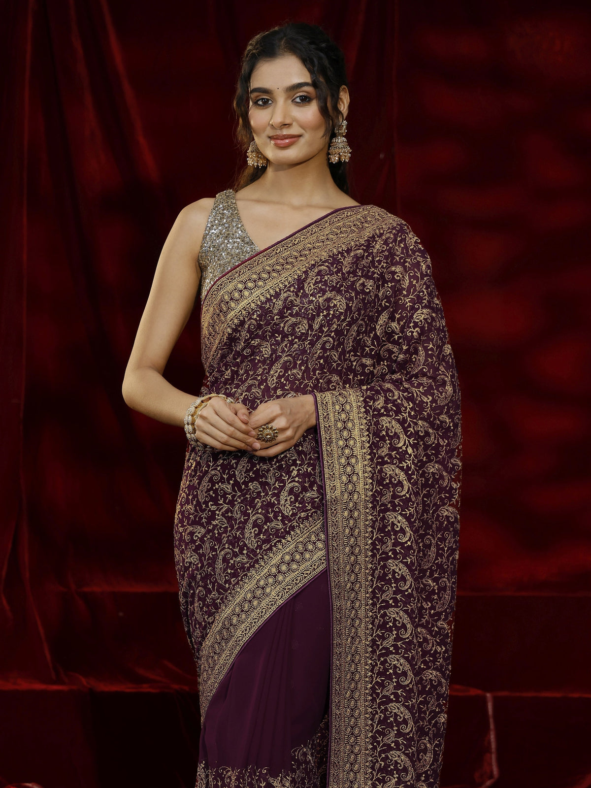 Anouk Burgundy Embroidered Georgette Saree