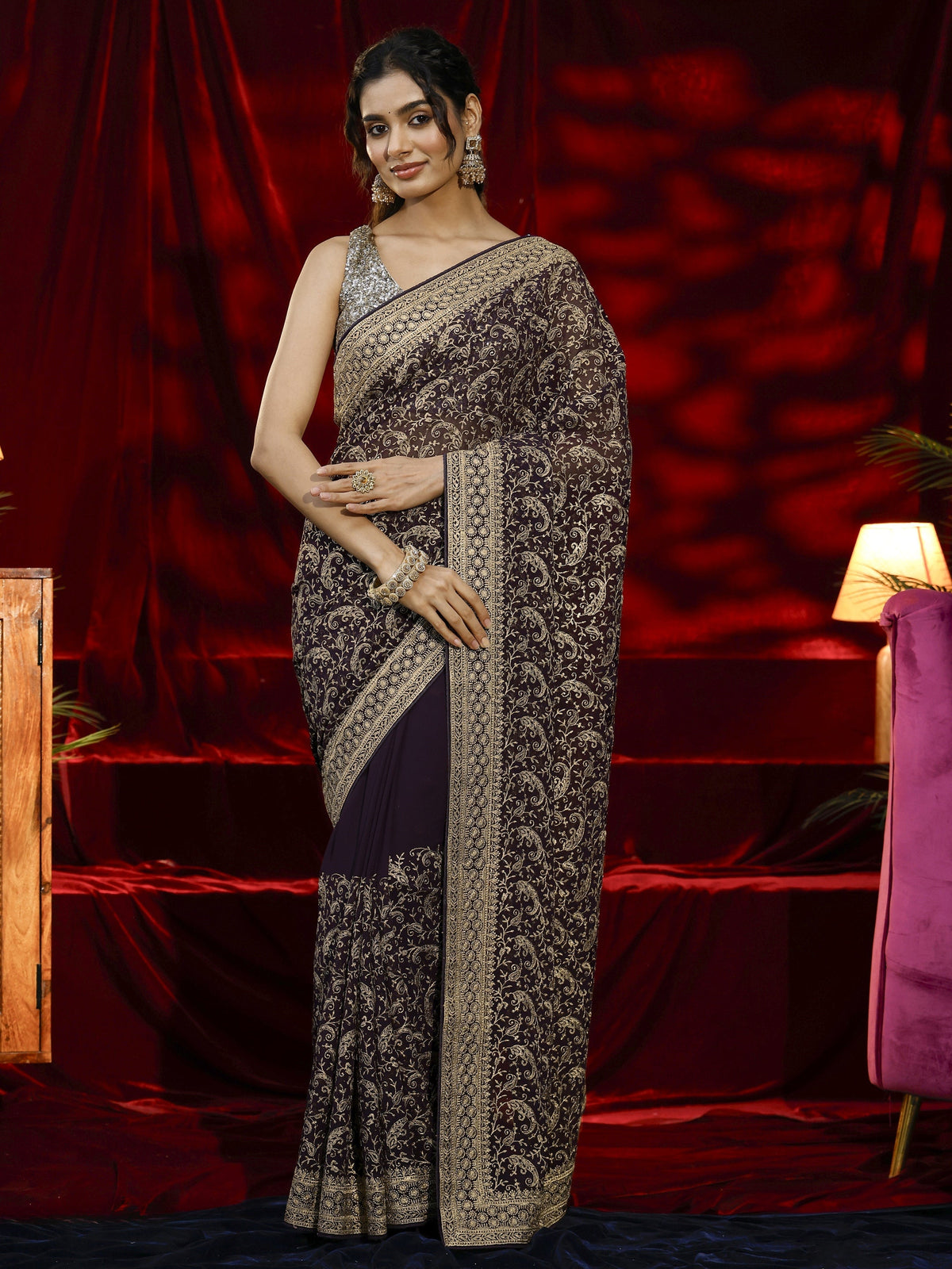 Anouk Purple Embroidered Georgette Saree