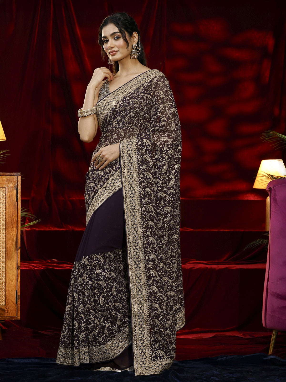Anouk Purple Embroidered Georgette Saree