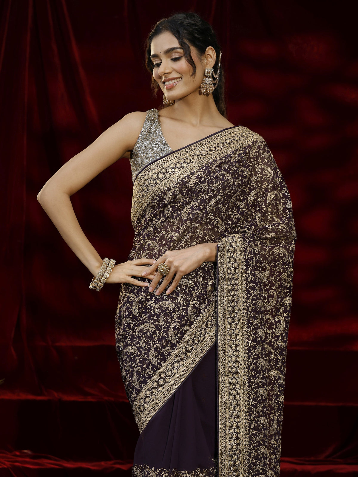 Anouk Purple Embroidered Georgette Saree