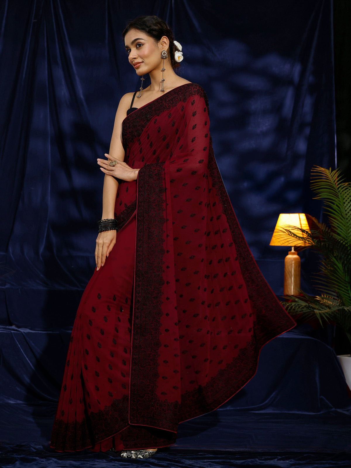 Anouk Red Floral Embroidered Georgette Saree