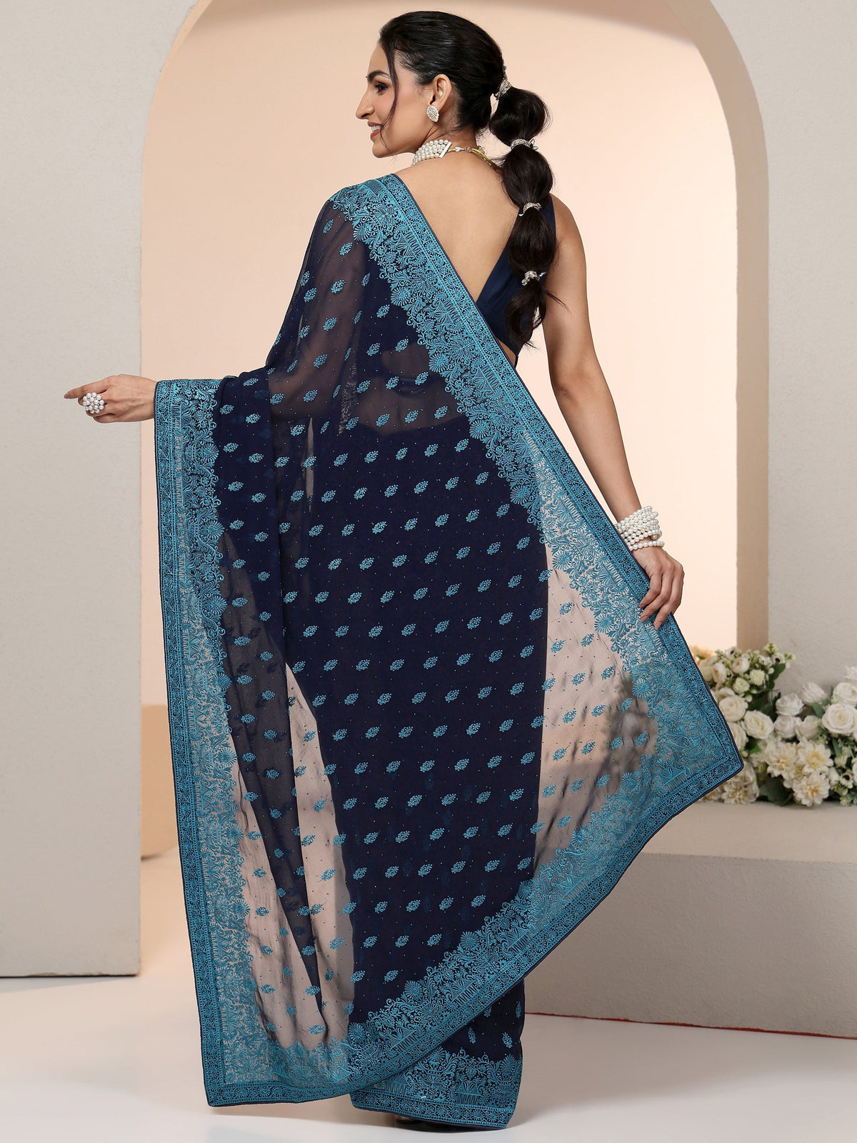 Anouk Navy Embroidered Georgette Saree with Ethnic Motifs