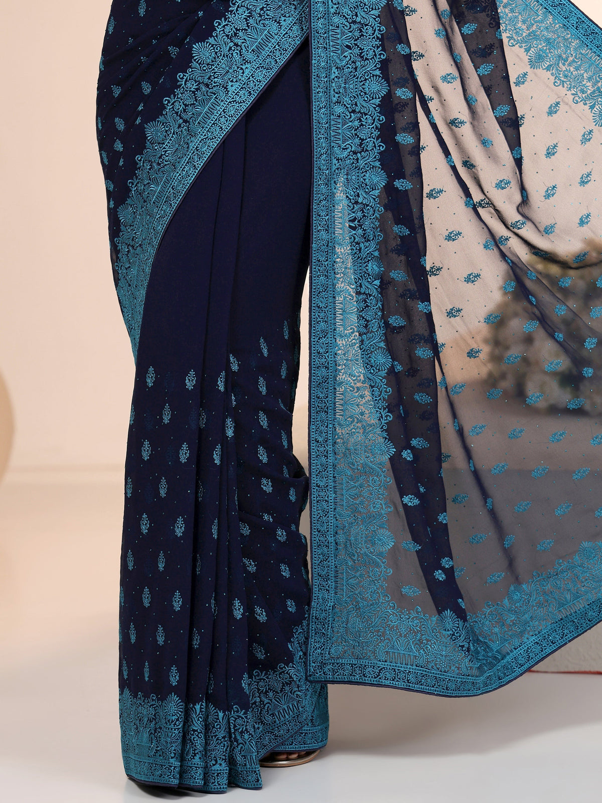 Anouk Navy Embroidered Georgette Saree with Ethnic Motifs