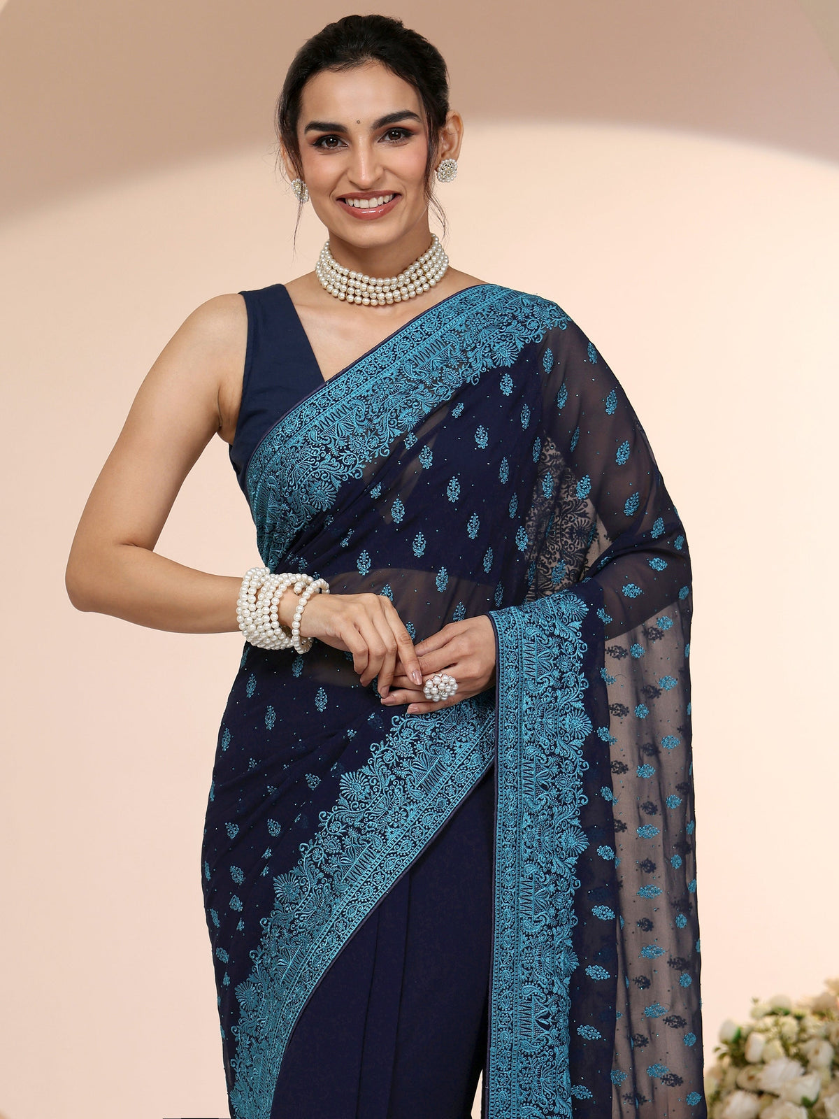 Anouk Navy Embroidered Georgette Saree with Ethnic Motifs