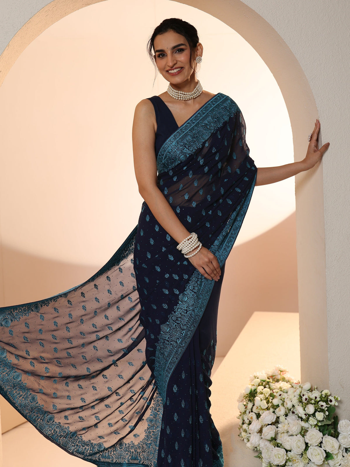 Anouk Navy Embroidered Georgette Saree with Ethnic Motifs