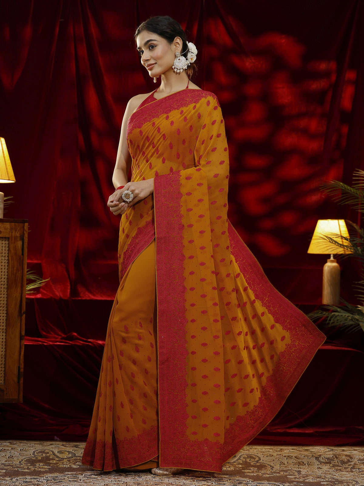 Anouk Mustard Floral Embroidered Georgette Saree