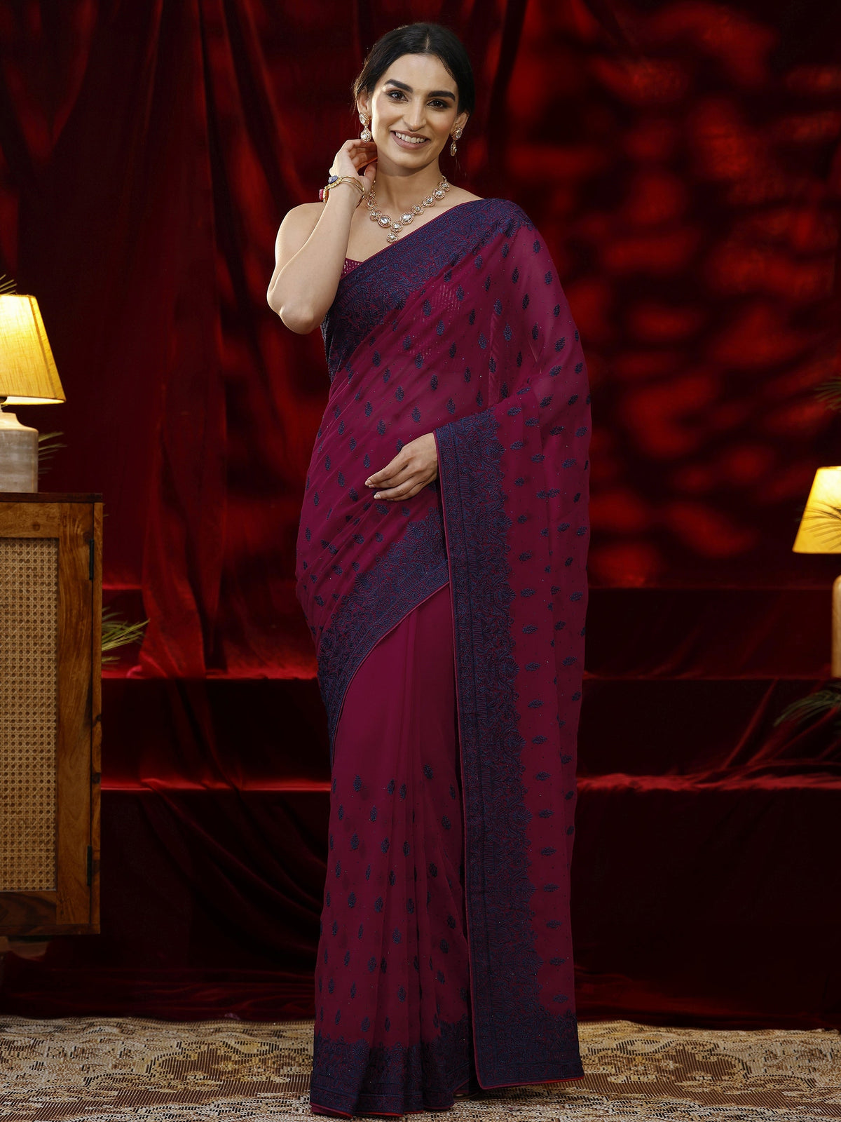 Anouk Pink Floral Embroidered Georgette Saree