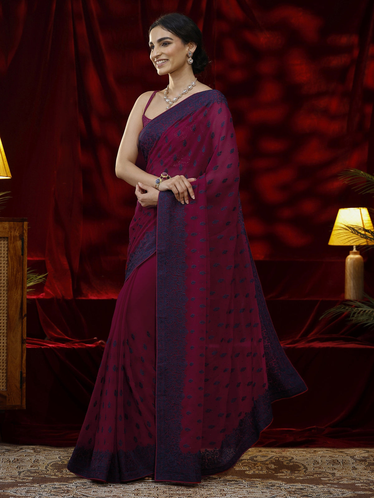 Anouk Pink Floral Embroidered Georgette Saree
