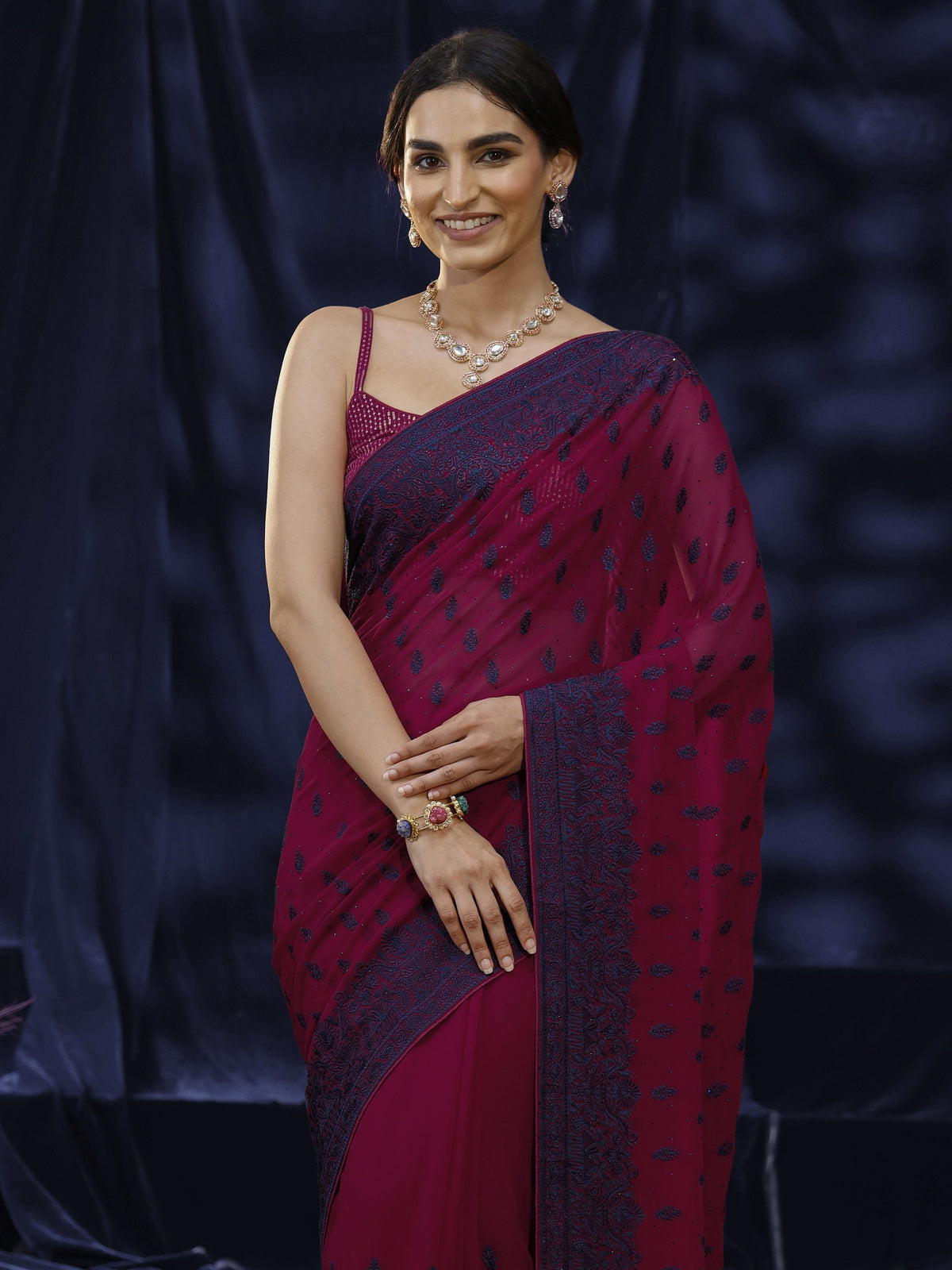 Anouk Pink Floral Embroidered Georgette Saree