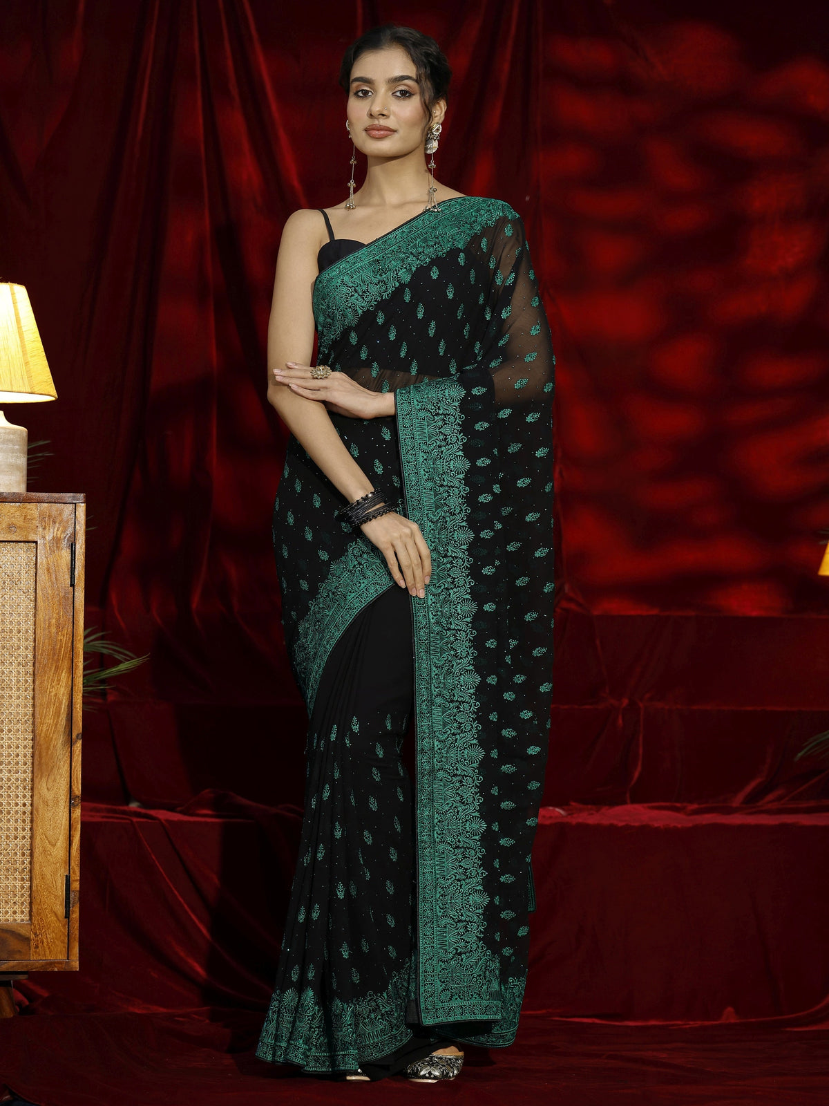Anouk Black Floral Embroidered Georgette Saree