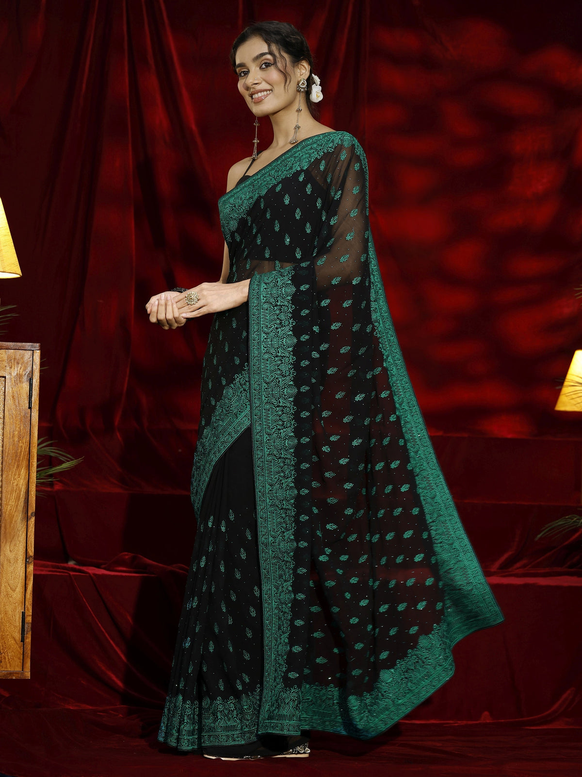 Anouk Black Floral Embroidered Georgette Saree