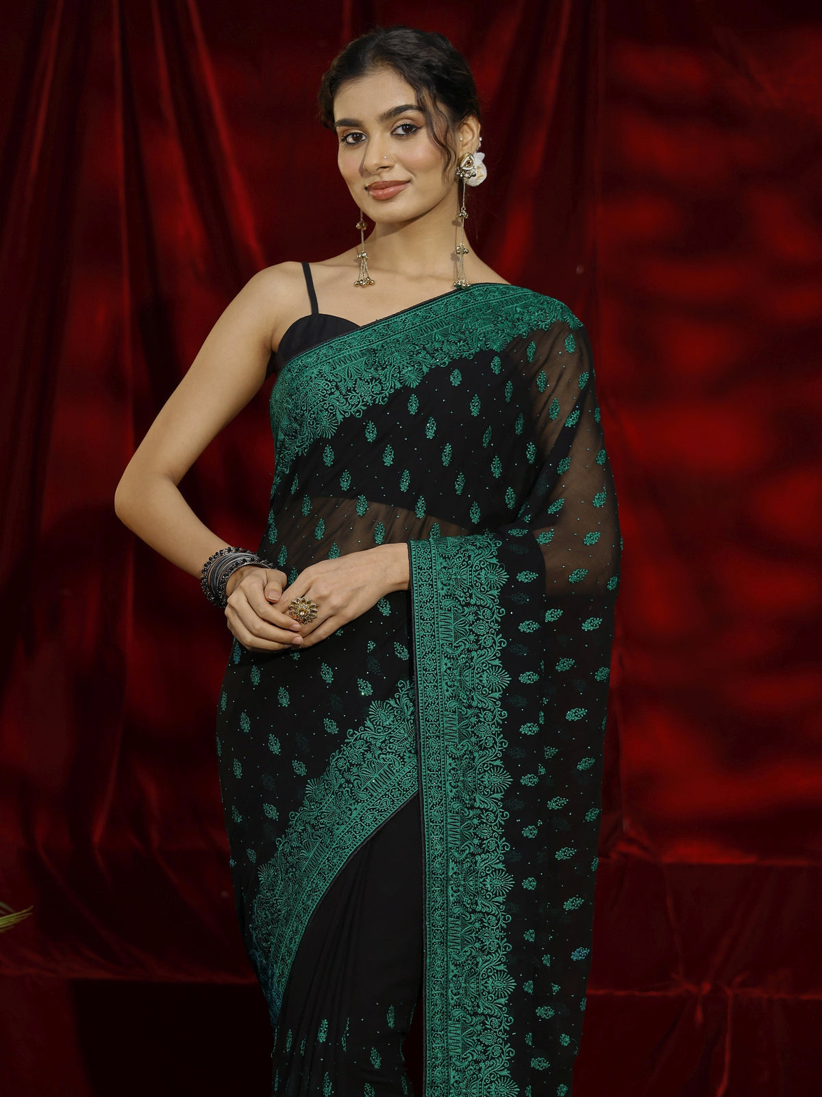 Anouk Black Floral Embroidered Georgette Saree