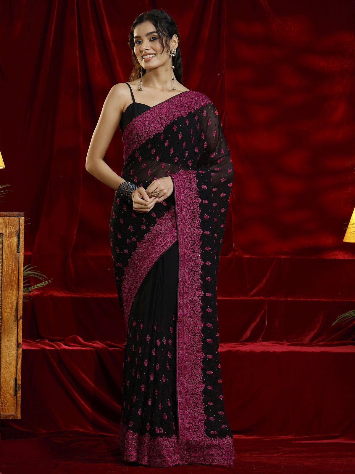 Anouk Black Floral Embroidered Georgette Saree