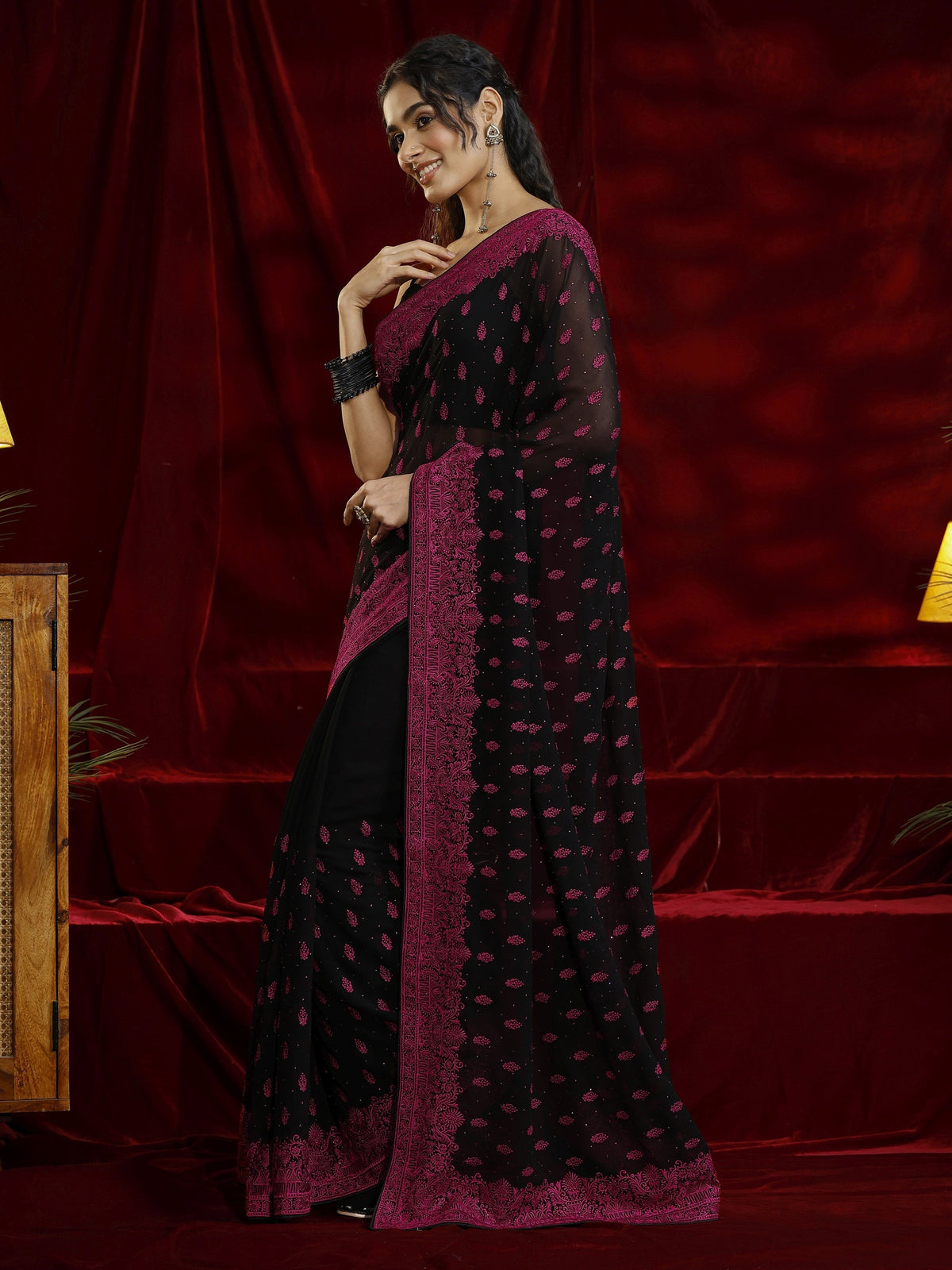 Anouk Black Floral Embroidered Georgette Saree
