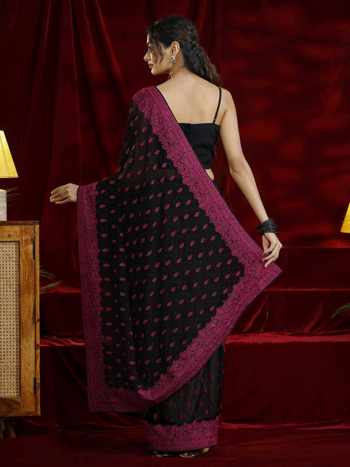 Anouk Black Floral Embroidered Georgette Saree