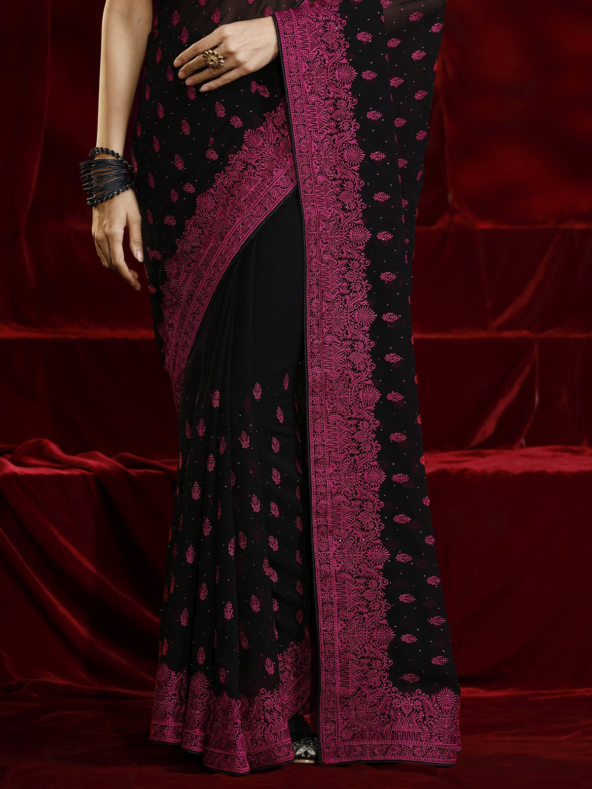 Anouk Black Floral Embroidered Georgette Saree