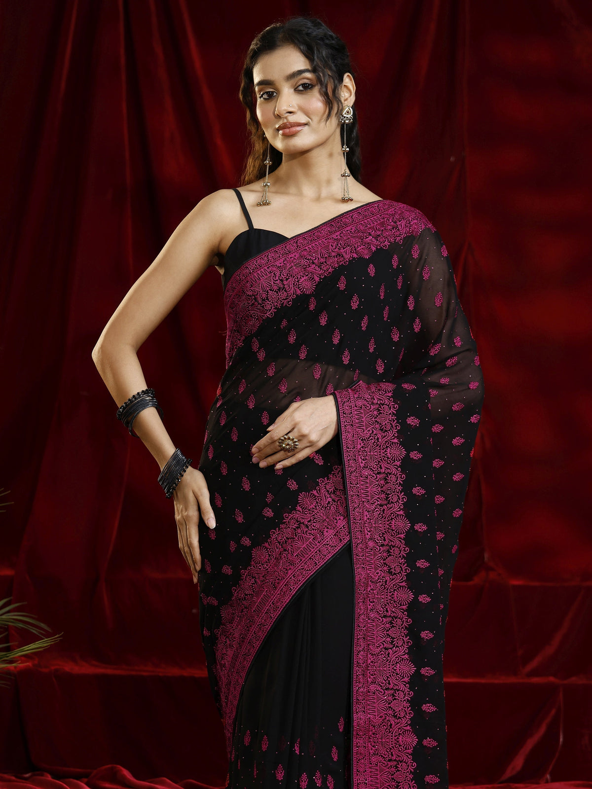Anouk Black Floral Embroidered Georgette Saree