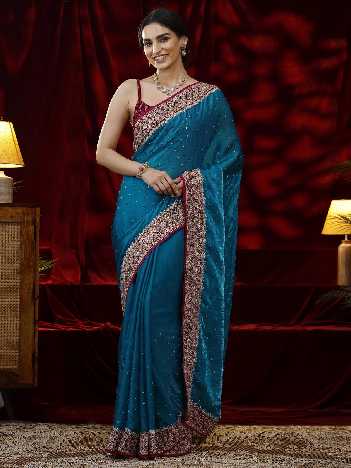 Anouk Blue Embellished Tissue Saree