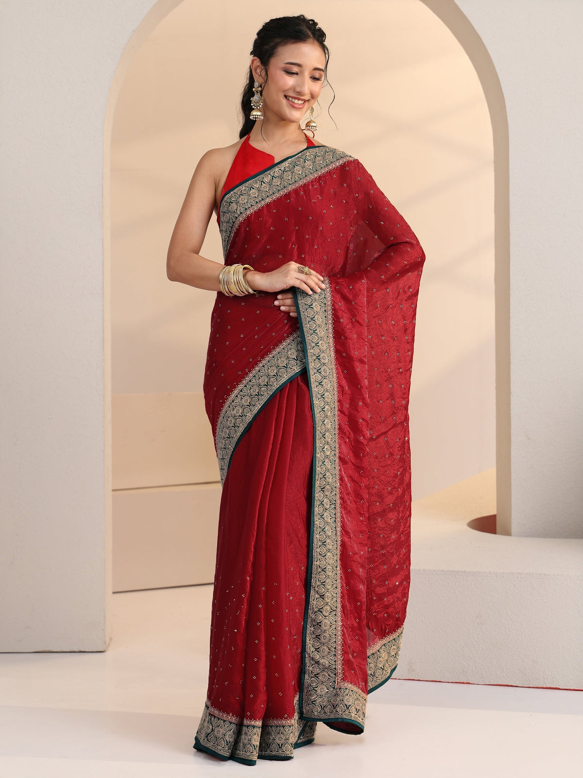 Anouk Cardinal Red Stone Work Embellished Tissue Saree