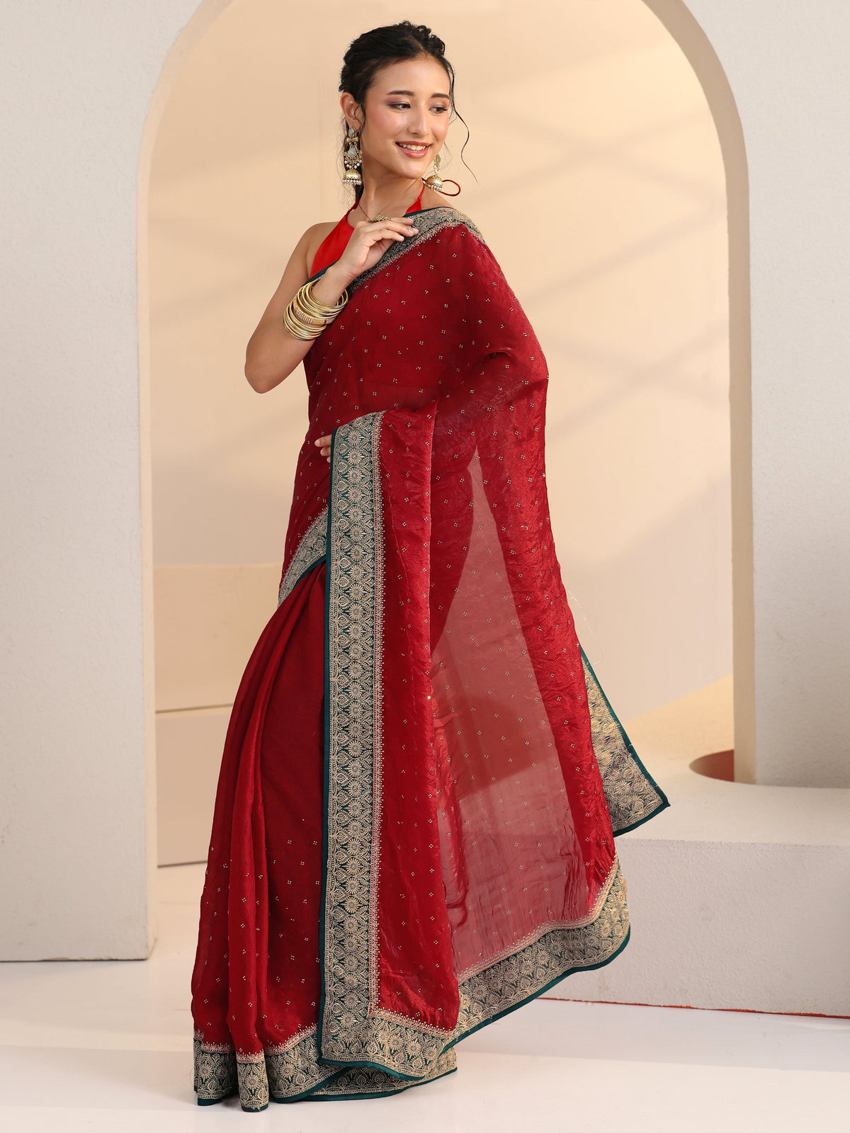 Anouk Cardinal Red Stone Work Embellished Tissue Saree
