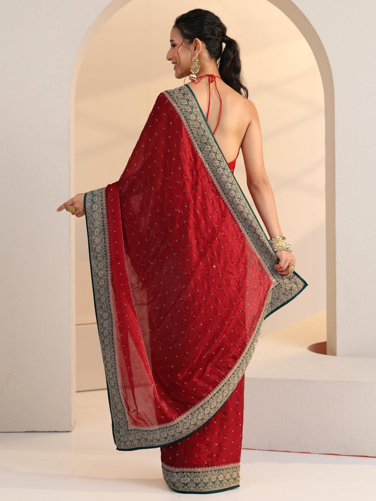Anouk Cardinal Red Stone Work Embellished Tissue Saree