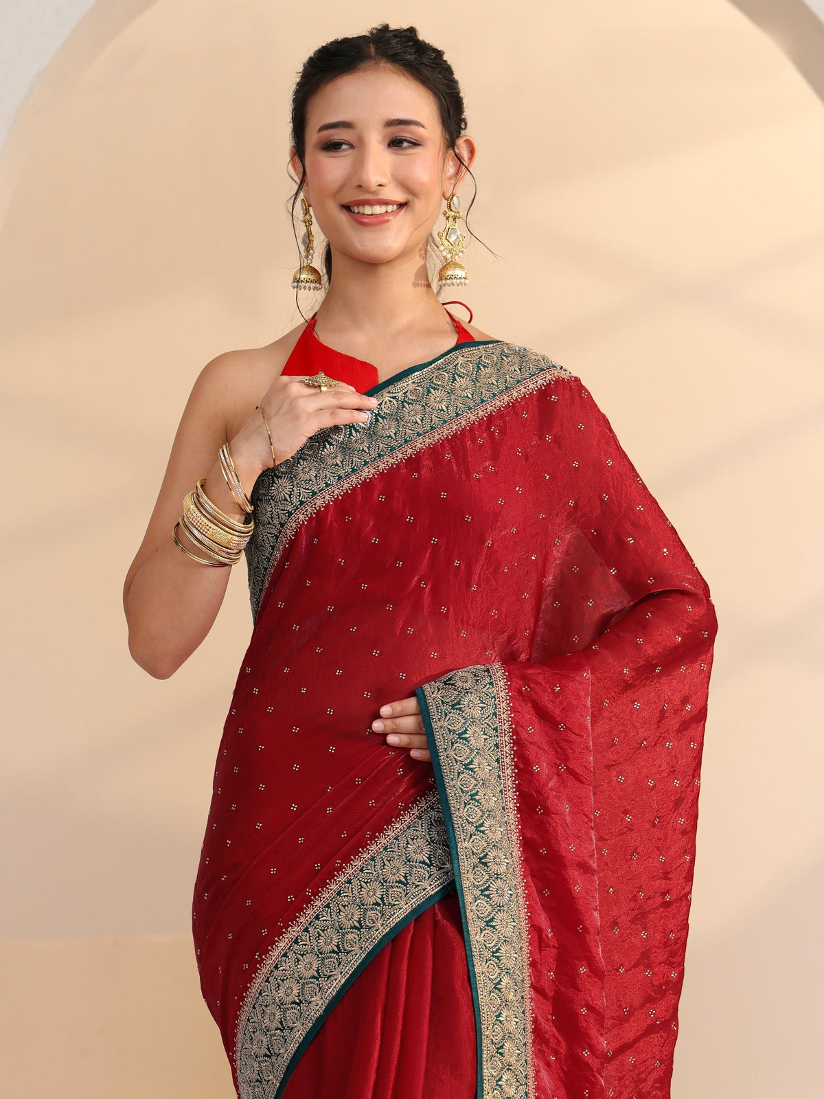 Anouk Cardinal Red Stone Work Embellished Tissue Saree