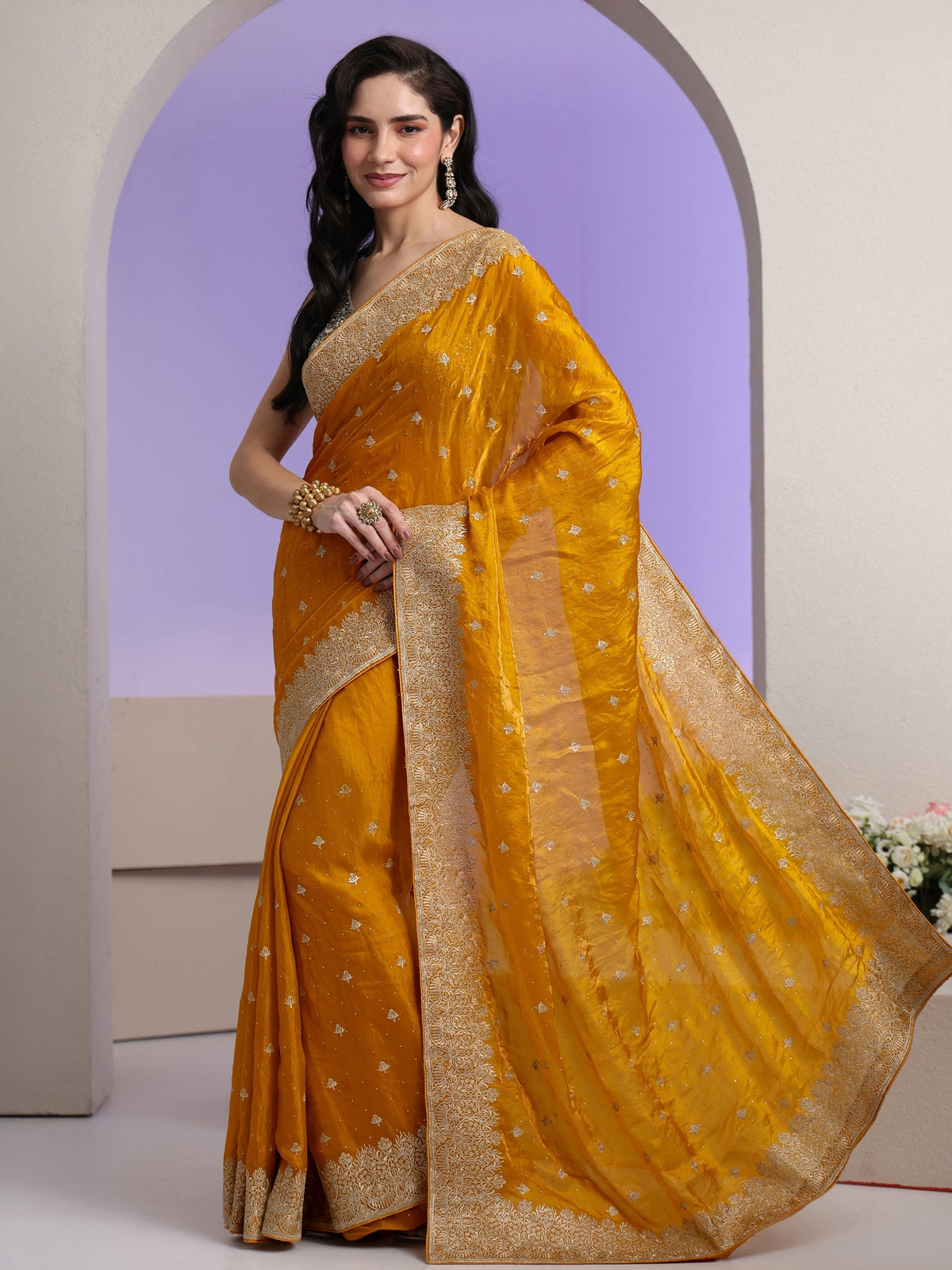Anouk Mustard Embroidered Tissue Saree