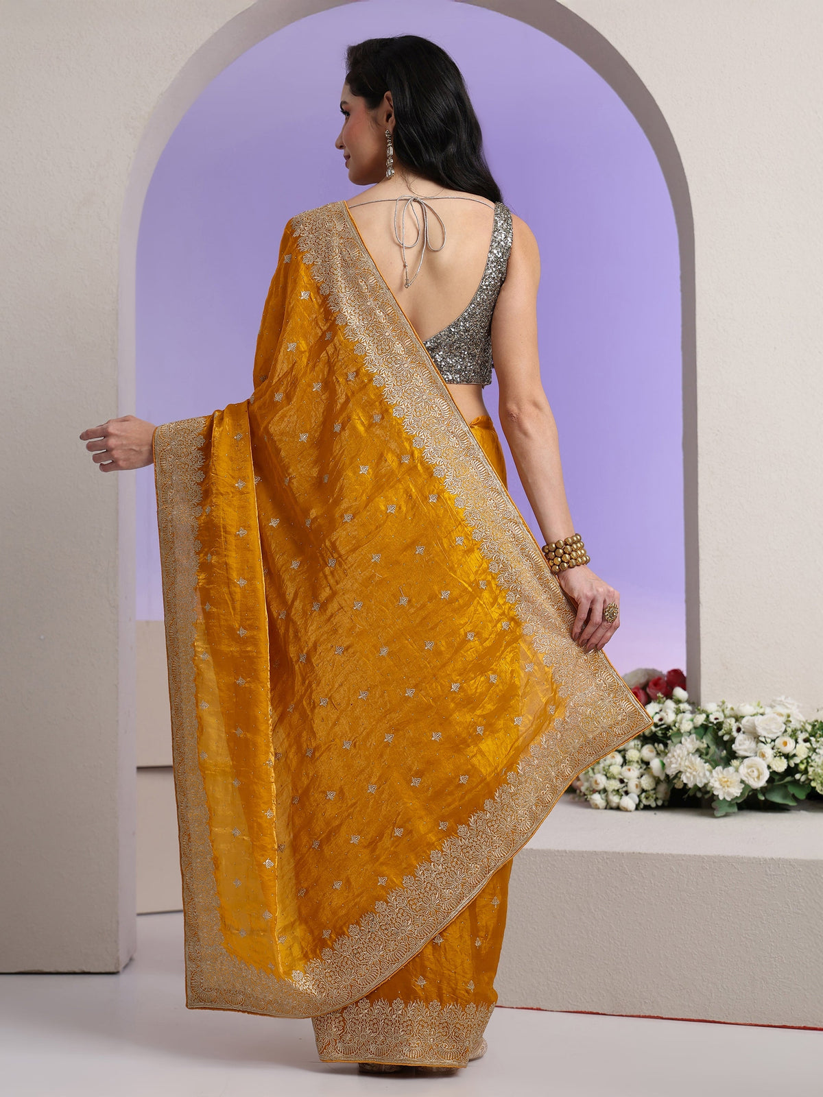 Anouk Mustard Embroidered Tissue Saree