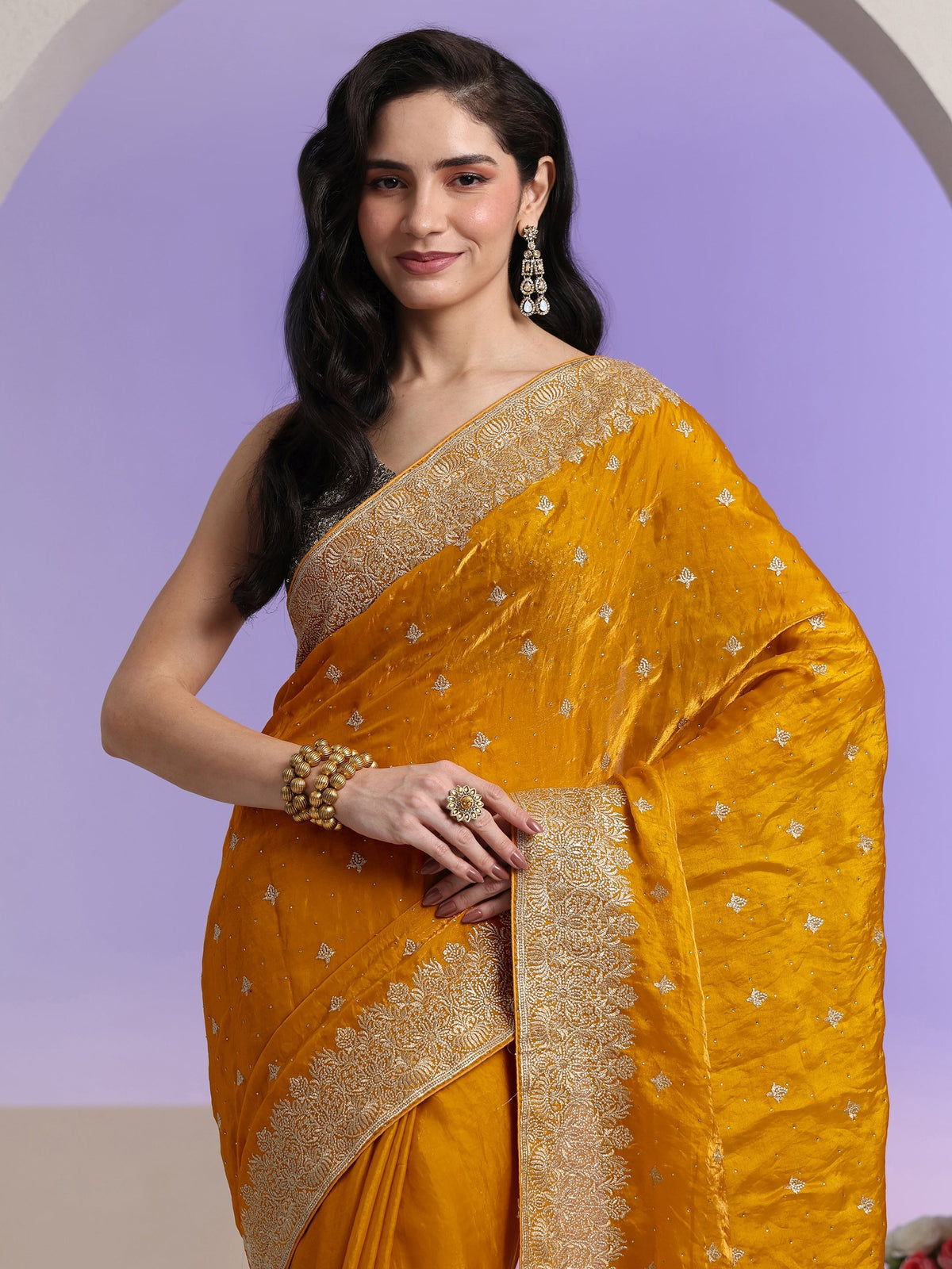 Anouk Mustard Embroidered Tissue Saree