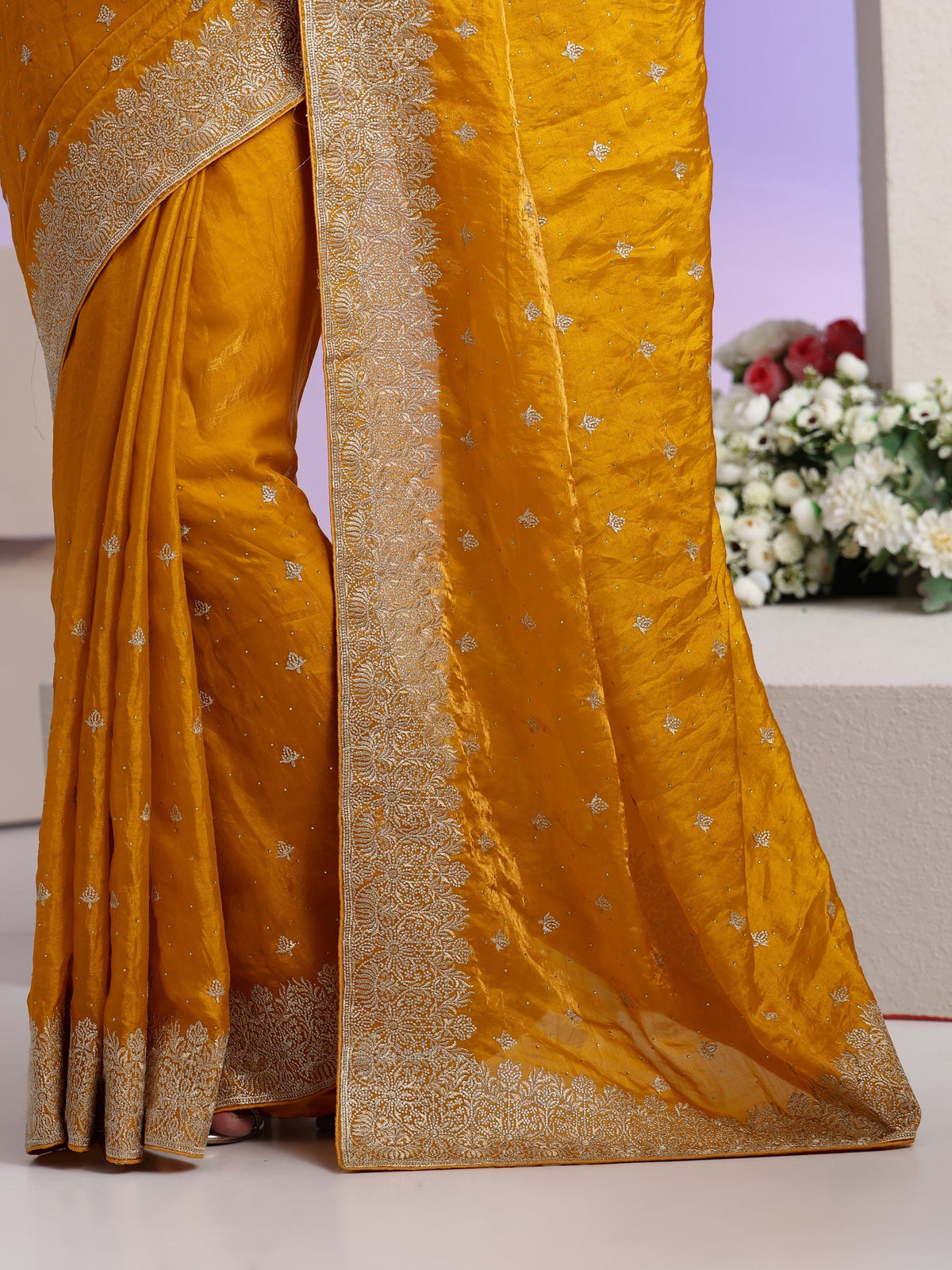 Anouk Mustard Embroidered Tissue Saree