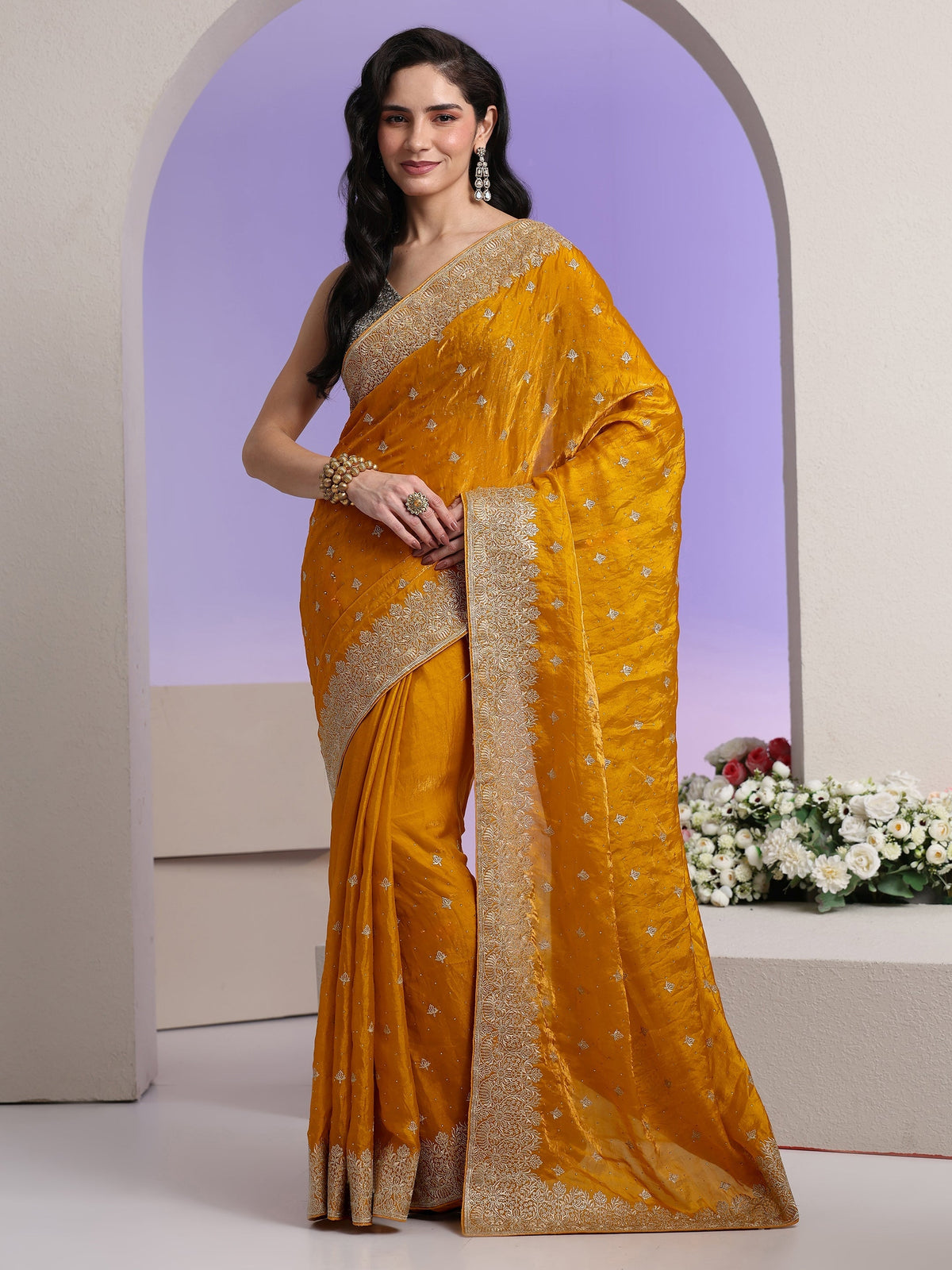 Anouk Mustard Embroidered Tissue Saree