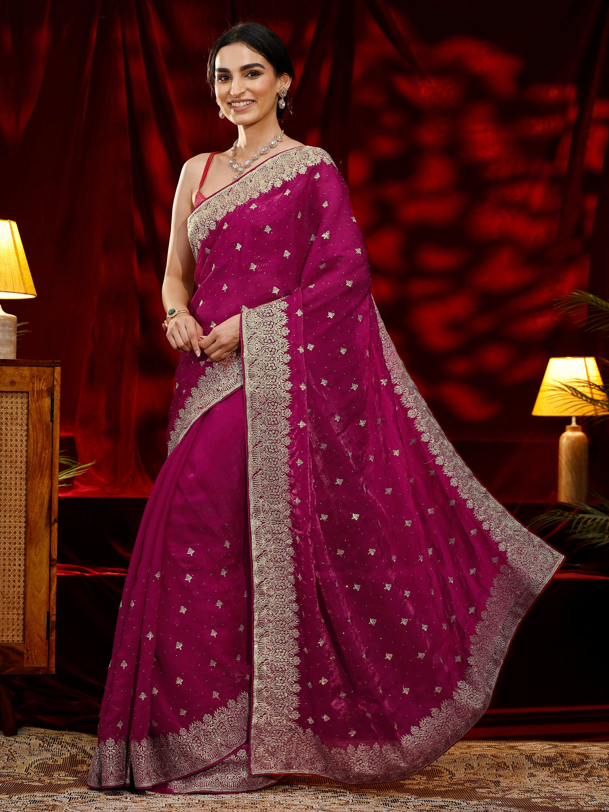 Anouk Pink Embroidered Tissue Saree