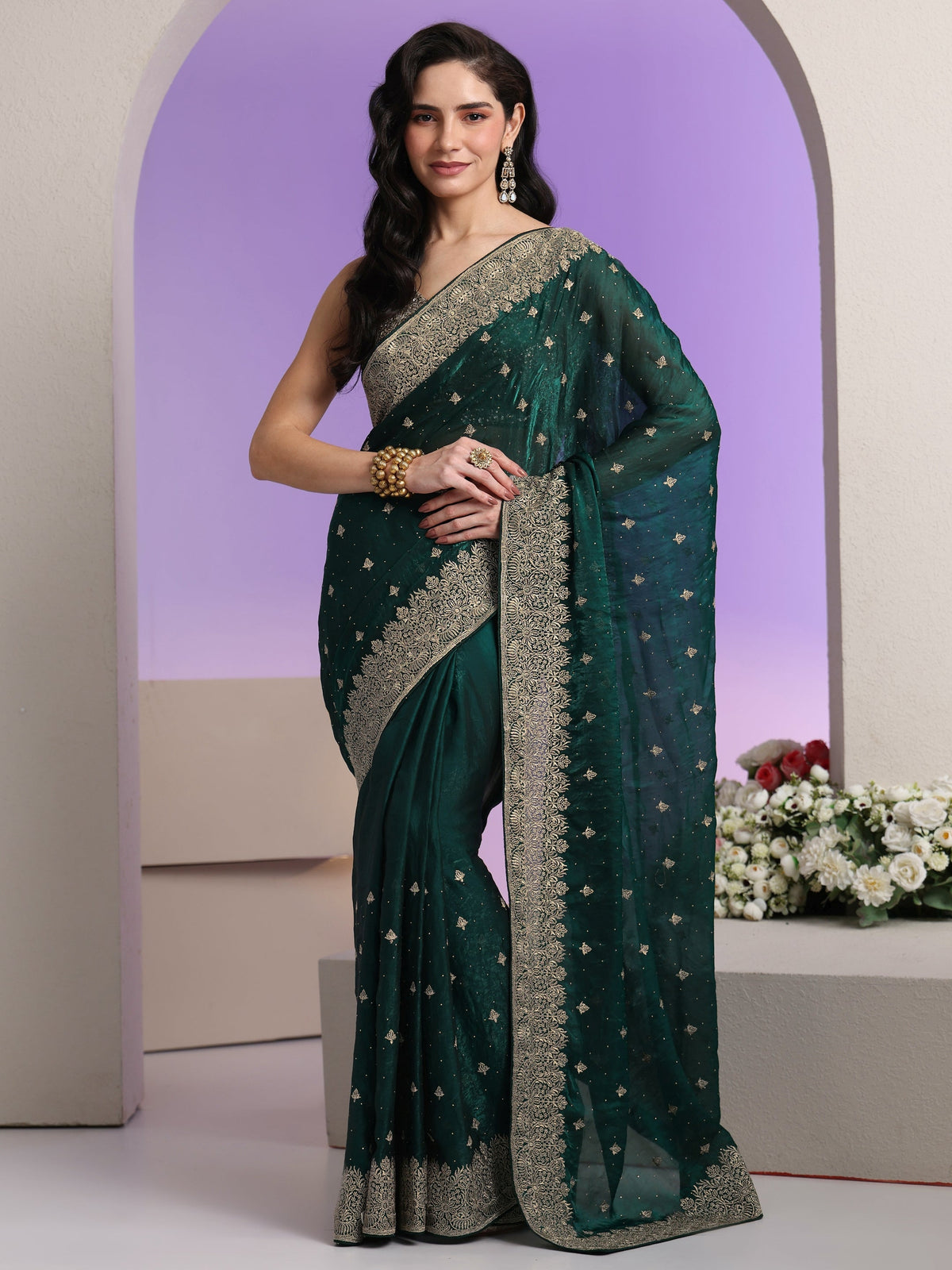 Anouk Dark Teal Green Embroidered Tissue Saree