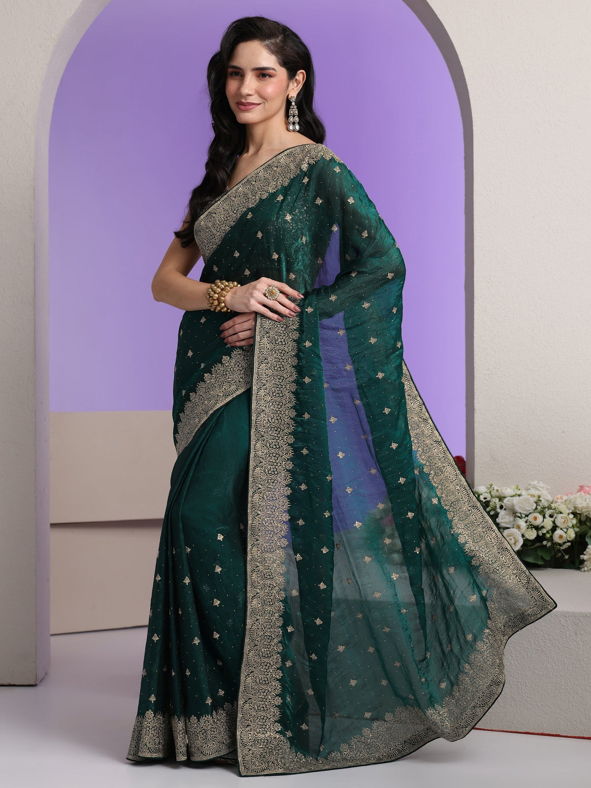 Anouk Dark Teal Green Embroidered Tissue Saree