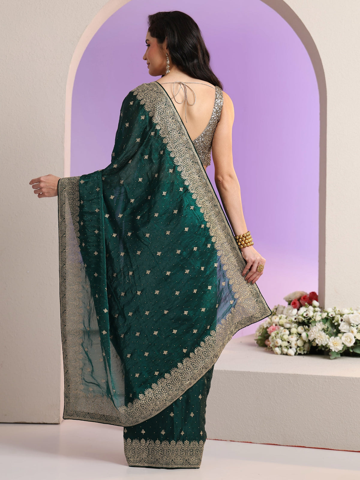 Anouk Dark Teal Green Embroidered Tissue Saree