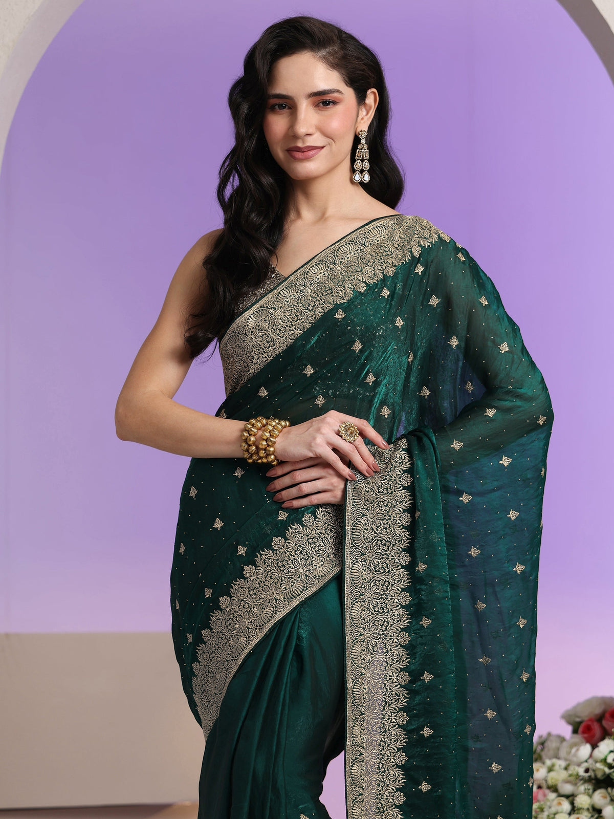 Anouk Dark Teal Green Embroidered Tissue Saree