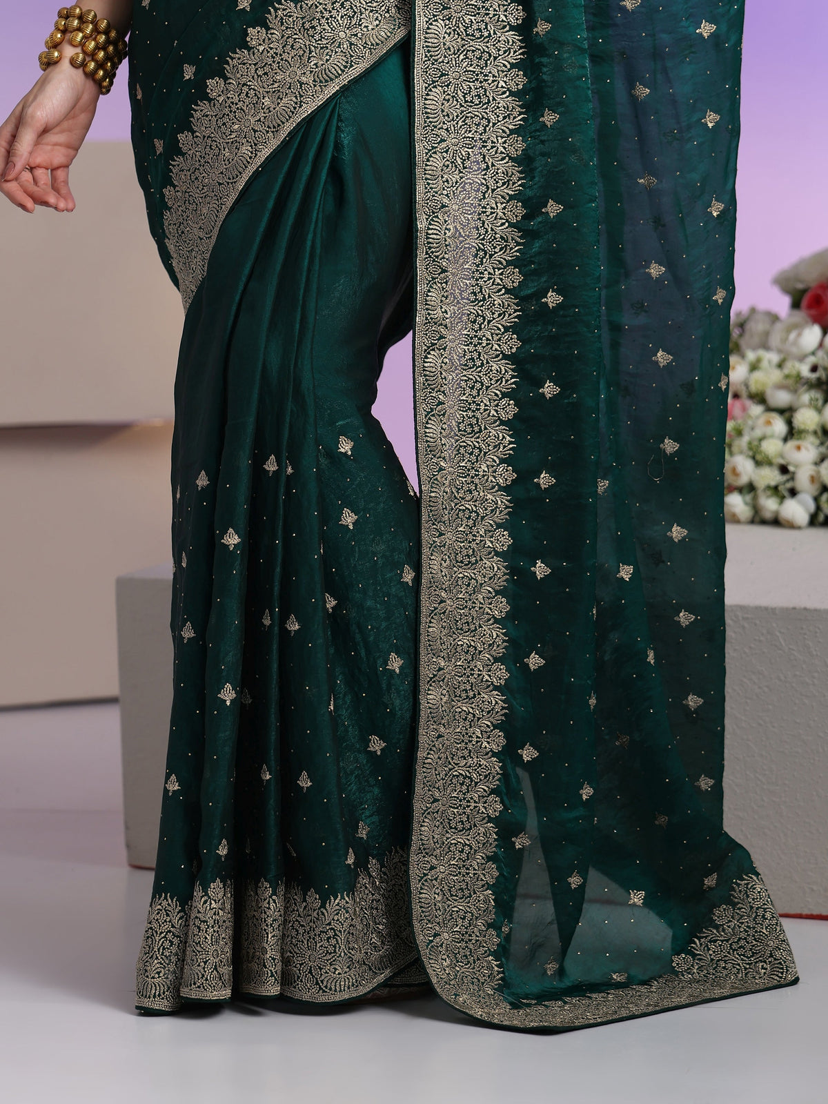 Anouk Dark Teal Green Embroidered Tissue Saree