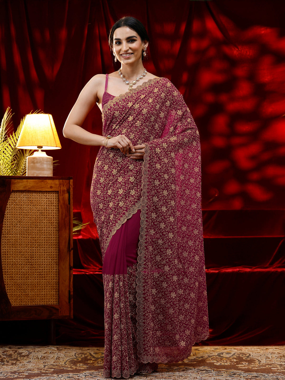 Anouk Pink Floral Embroidered Georgette Saree