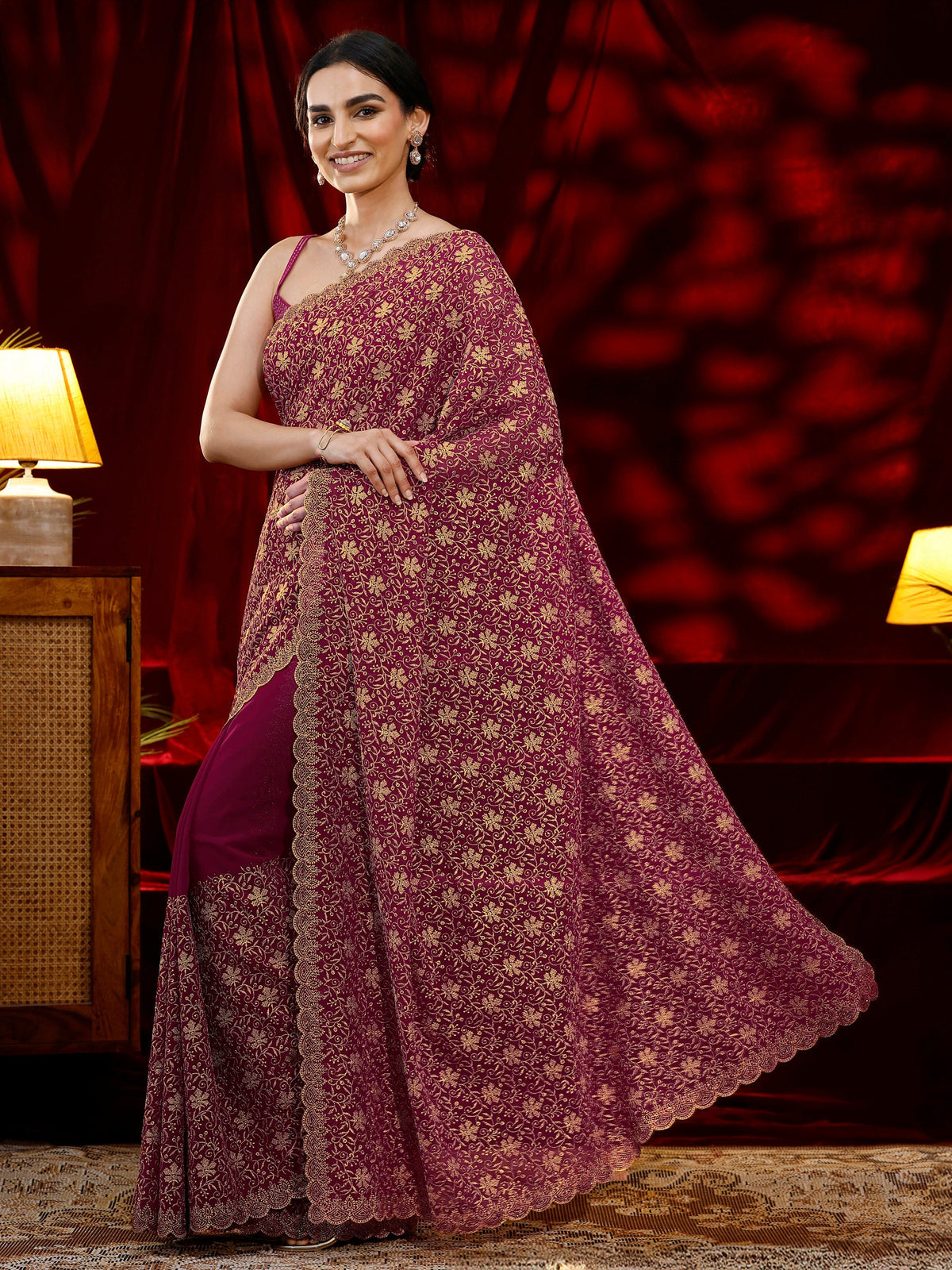 Anouk Pink Floral Embroidered Georgette Saree