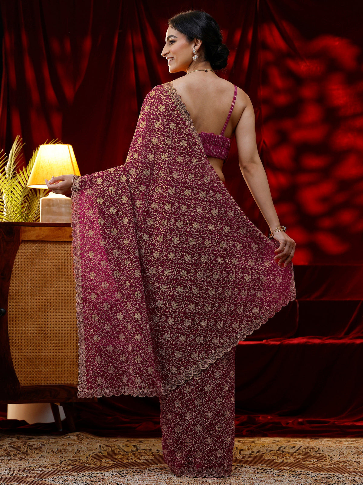 Anouk Pink Floral Embroidered Georgette Saree
