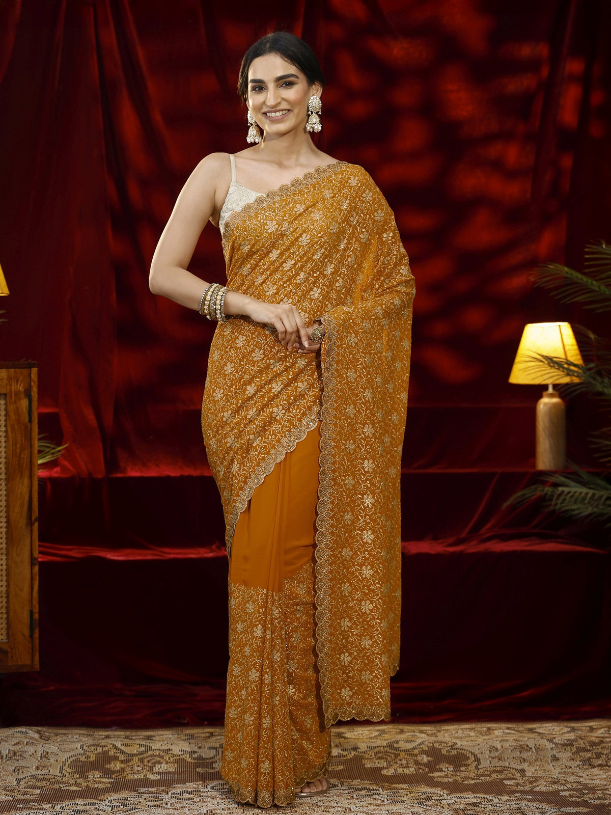 Anouk Mustard Floral Embroidered Georgette Saree