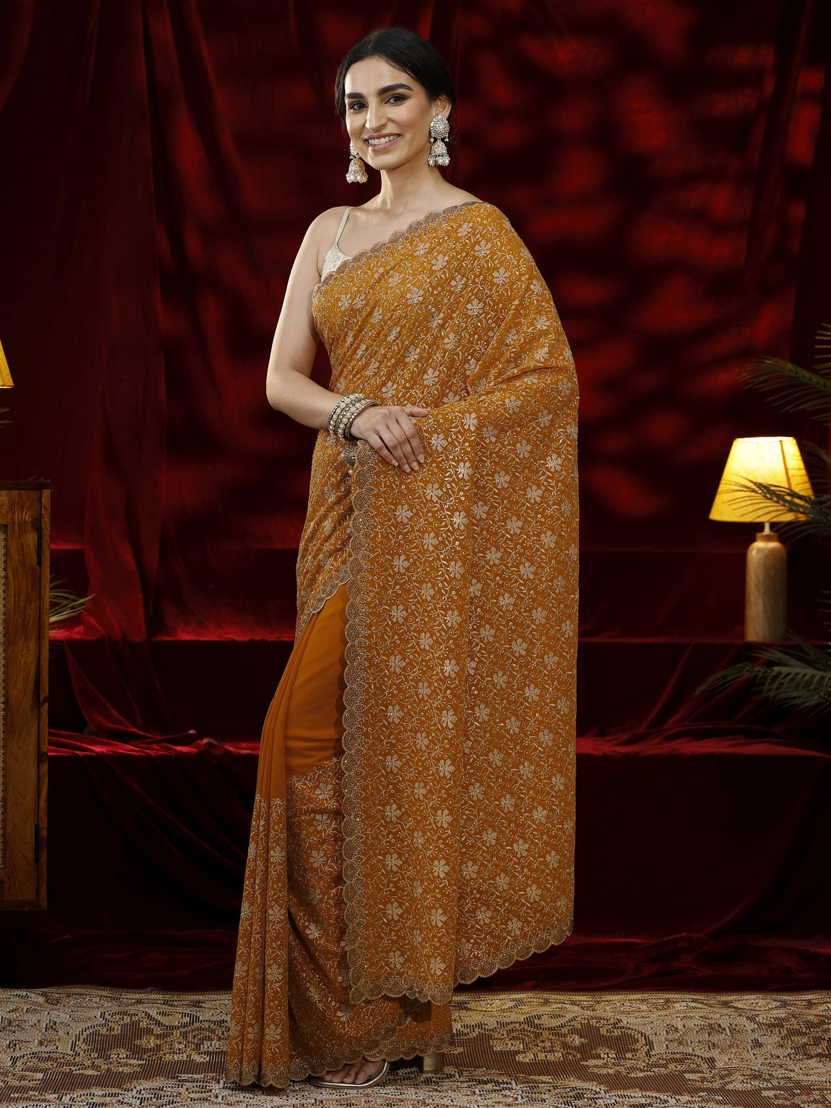 Anouk Mustard Floral Embroidered Georgette Saree