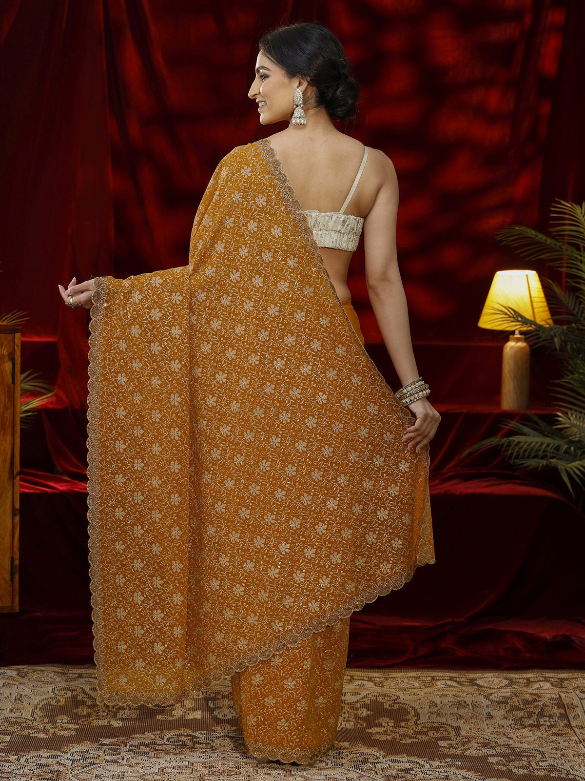 Anouk Mustard Floral Embroidered Georgette Saree