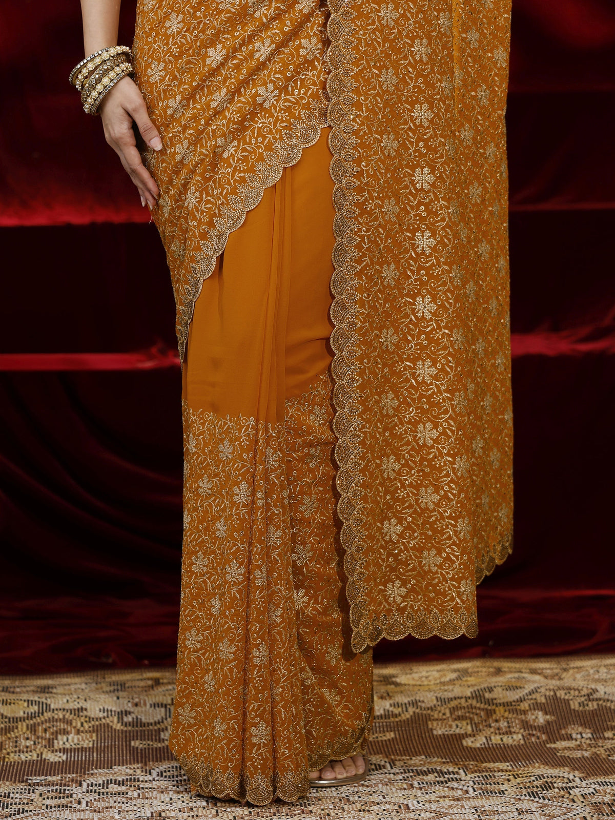 Anouk Mustard Floral Embroidered Georgette Saree