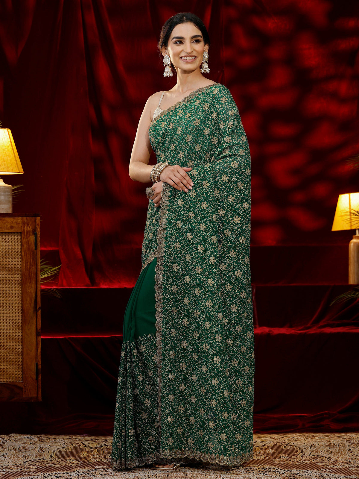Anouk Green Floral Embroidered Georgette Saree